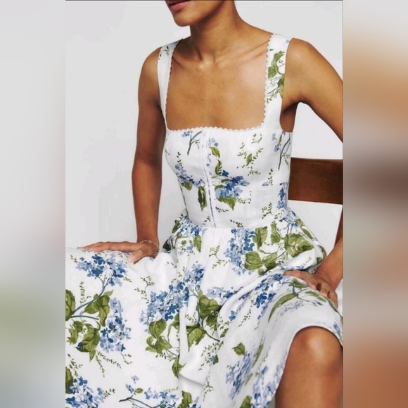 Reformation Tagliatelle Midi Dress Women's 10 Linen Smocked Floral White - Picture 3 of 15